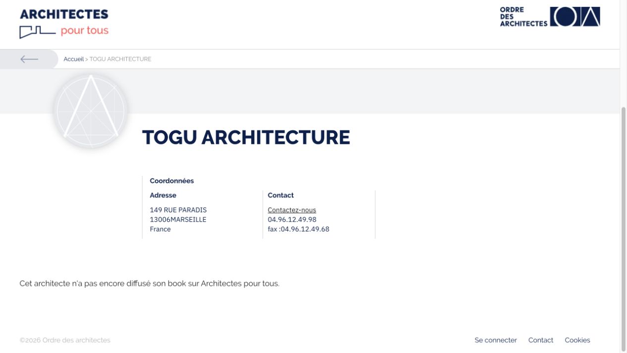 Capture de la fiche publique de l’Ordre pour TOGU Architecture